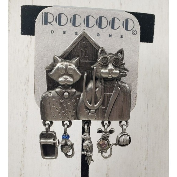 Vintage AJC Pewter Cat Brooch American Gothic Dangle Details Brooch Pin - Picture 1 of 10